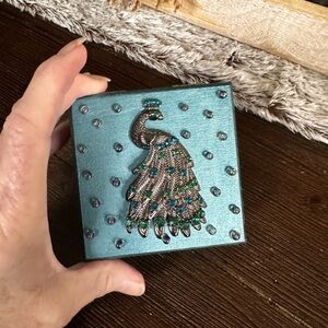 Hand made peacock jeweled wood blue trinket box